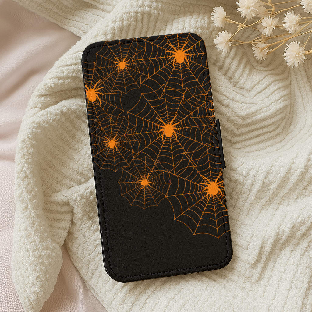 Orange Spider Web Wallet Phone Case