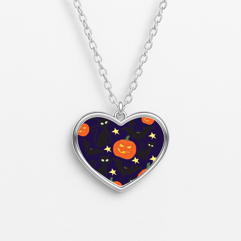 Pumpkin And Cats - Halloween Heart Necklace