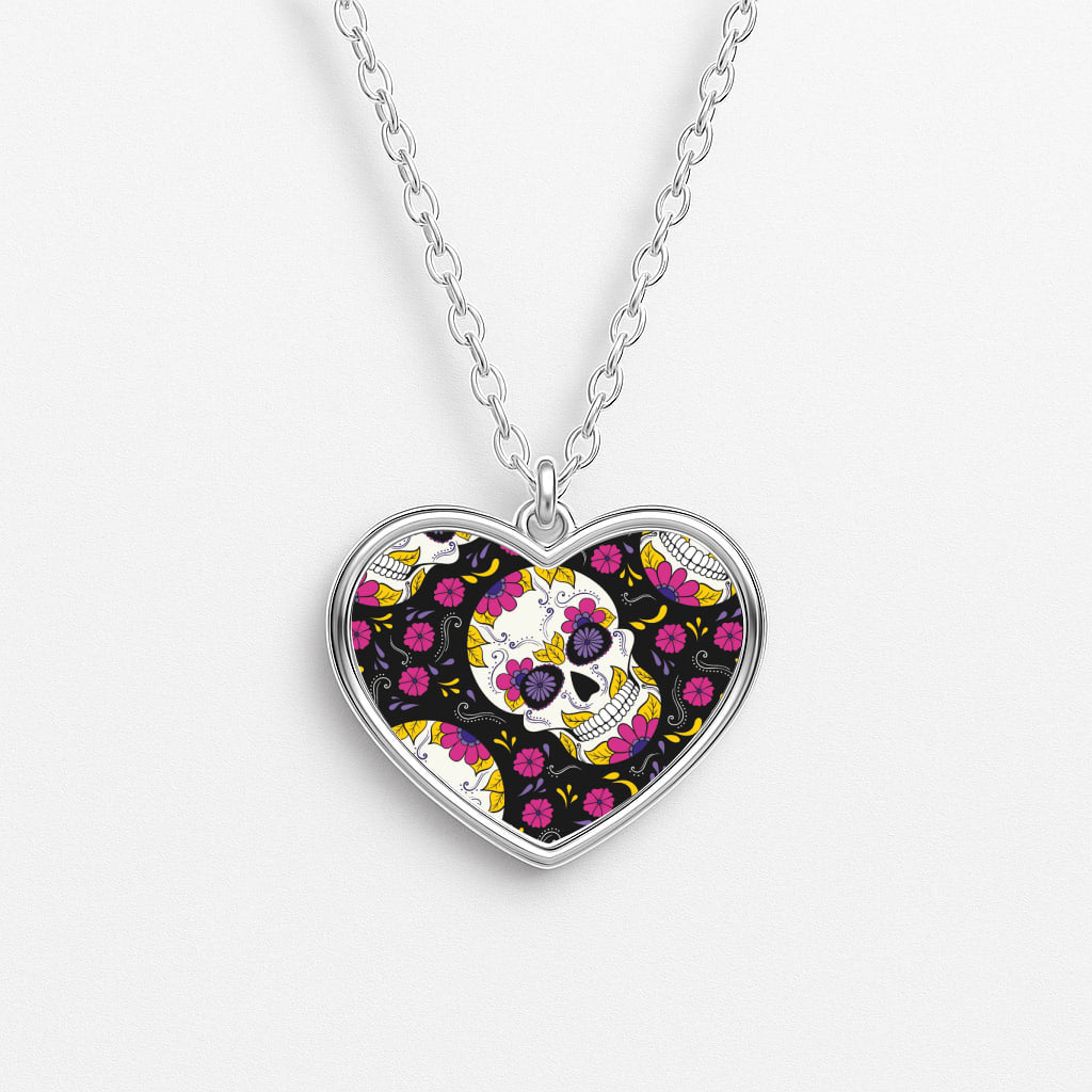Calavera Pattern - Halloween Heart Necklace