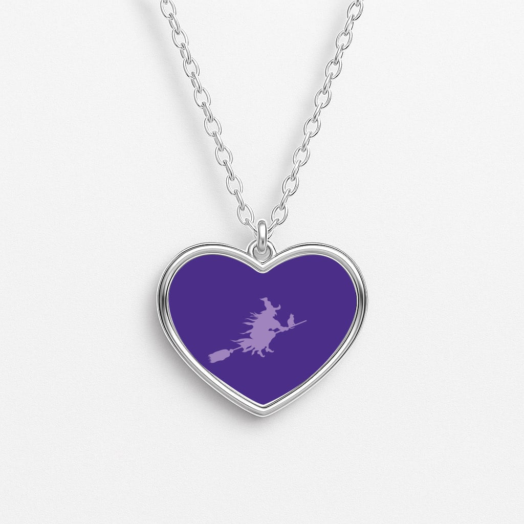 Witch And Cat - Halloween Heart Necklace