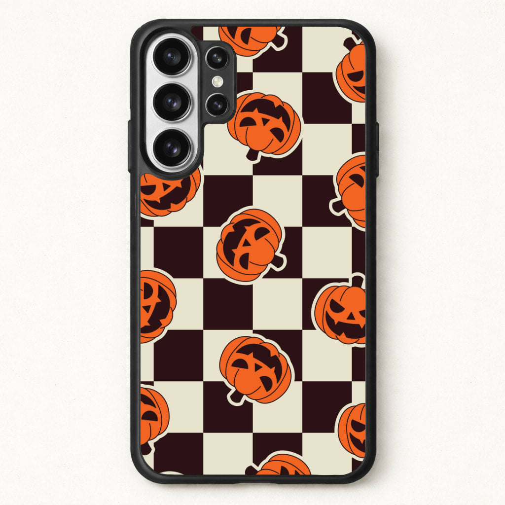 Pumpkin Stickers Checkered Pattern Phone Case for Galaxy S26 Ultra