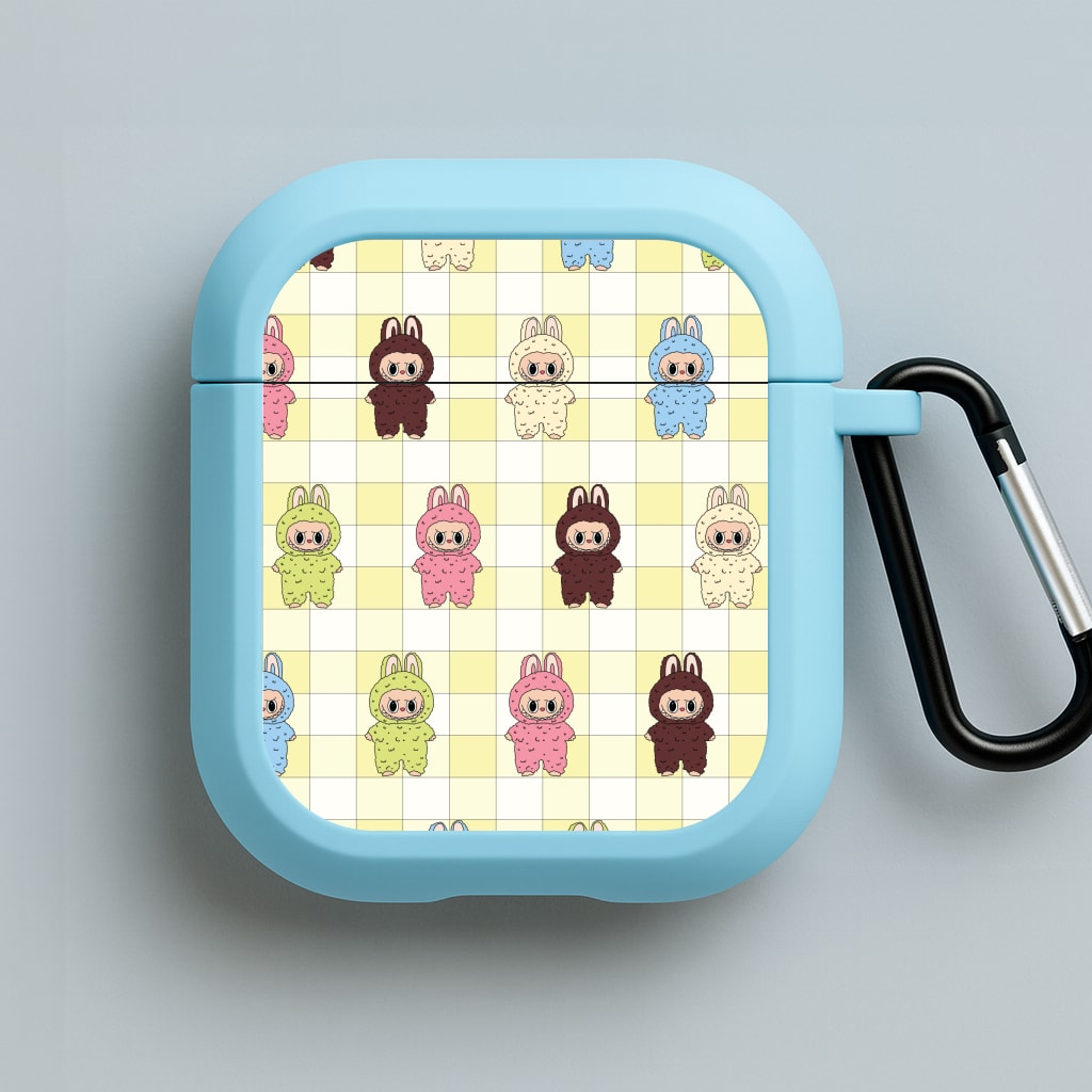 Cute Colourful Monsters Checkered Pattern Blue AirPods Case
