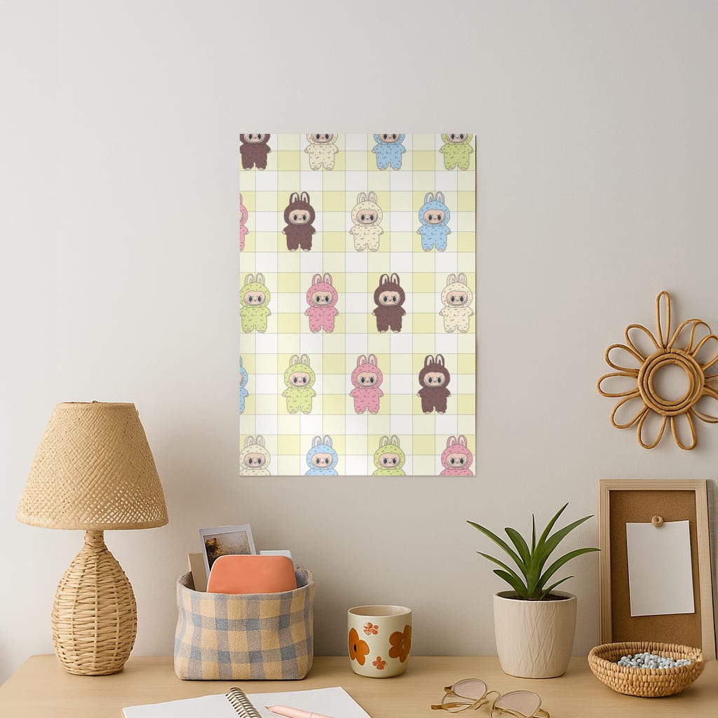 Cute Colourful Monsters Checkered Pattern Art Print