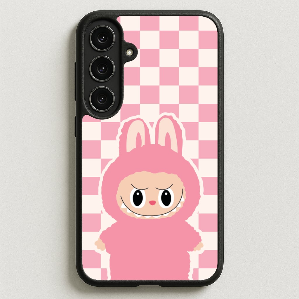 Checkered Cute Pink Monster Phone Case for Galaxy S25FE