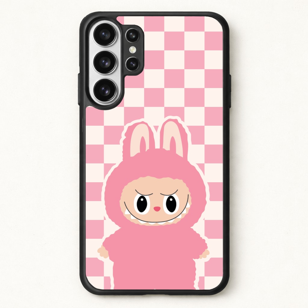 Checkered Cute Pink Monster Phone Case for Galaxy S26 Ultra