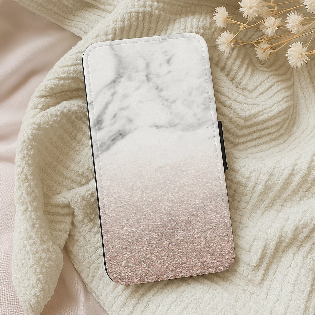 Rose Gold Glitter & Marble Wallet Phone Case