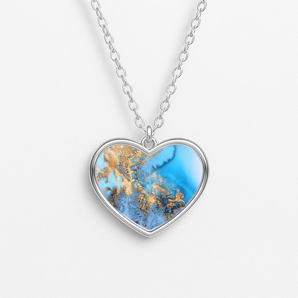 Sea Blue and Gold Marble Heart Necklace