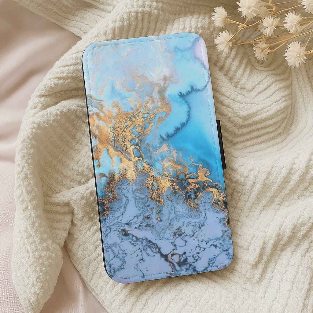 Sea Blue and Gold Marble Wallet Phone Case