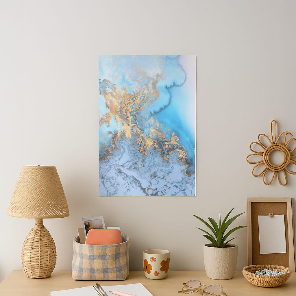 Sea Blue and Gold Marble Art Print