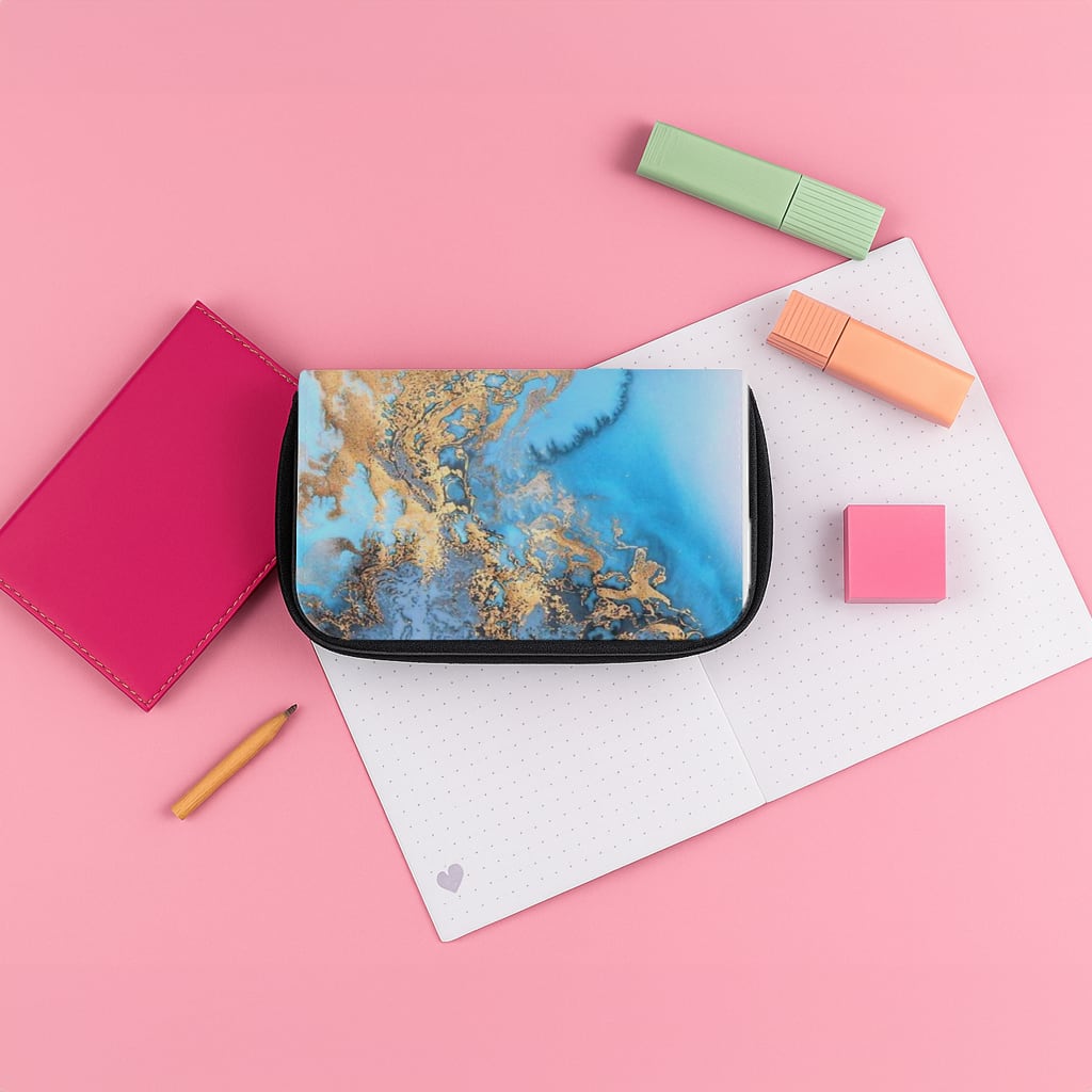 Sea Blue and Gold Marble Pencil Case