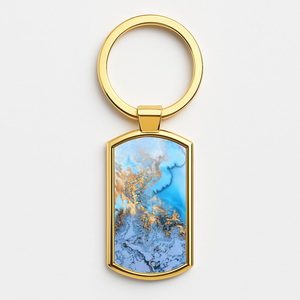 Sea Blue and Gold Marble Gold Keyring