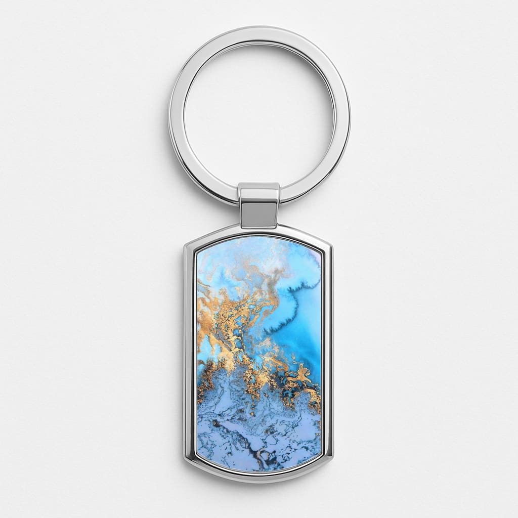 Sea Blue and Gold Marble Silver Keyring