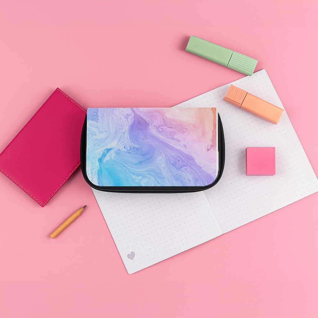Blue and Peach Marble Pencil Case