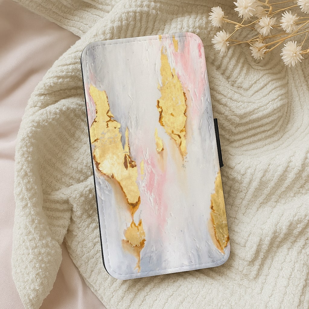 Gold Flaked Marble Pattern Wallet Phone Case