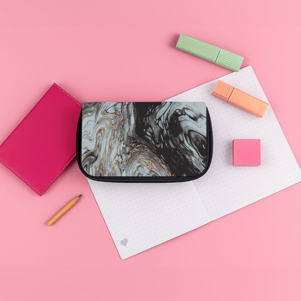 Black And Gold Cloudy Marble Pencil Case