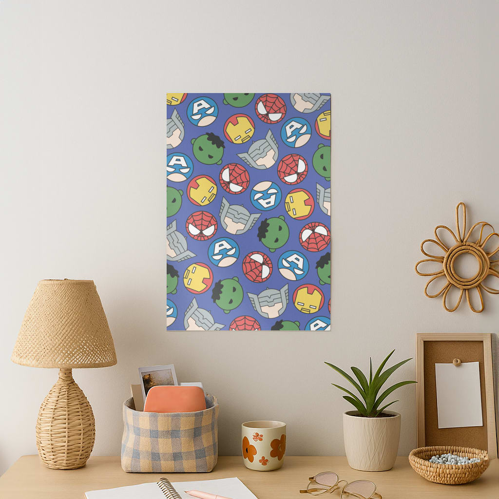 Cute Chibi Heroes Pattern Blue Art Print