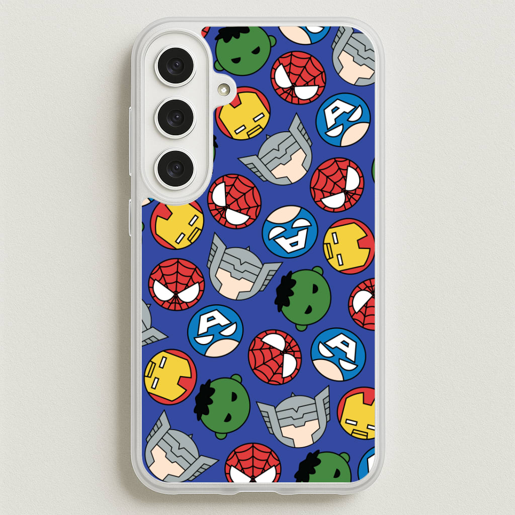Cute Chibi Heroes Pattern Blue Phone Case for Galaxy S25FE