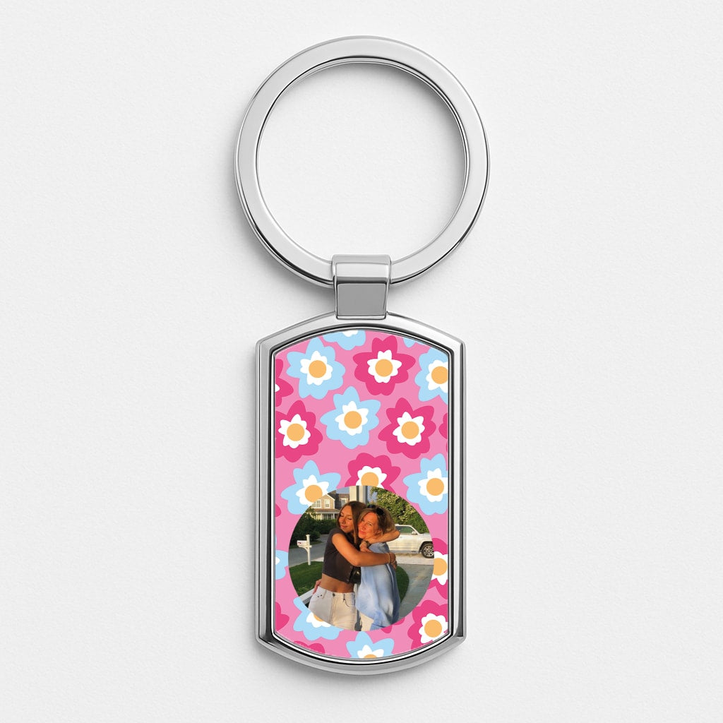 Pink And Blue Flower Pattern - Personalised Mother's Day Silver Keyring