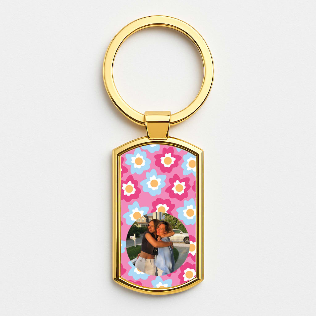 Pink And Blue Flower Pattern - Personalised Mother's Day Gold Keyring