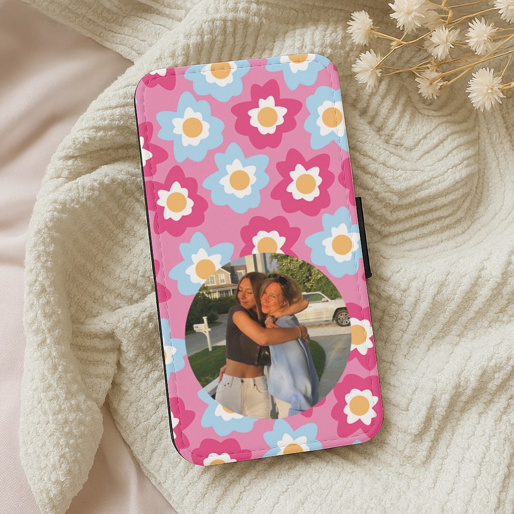 Pink And Blue Flower Pattern - Personalised Mother's Day Wallet Phone Case