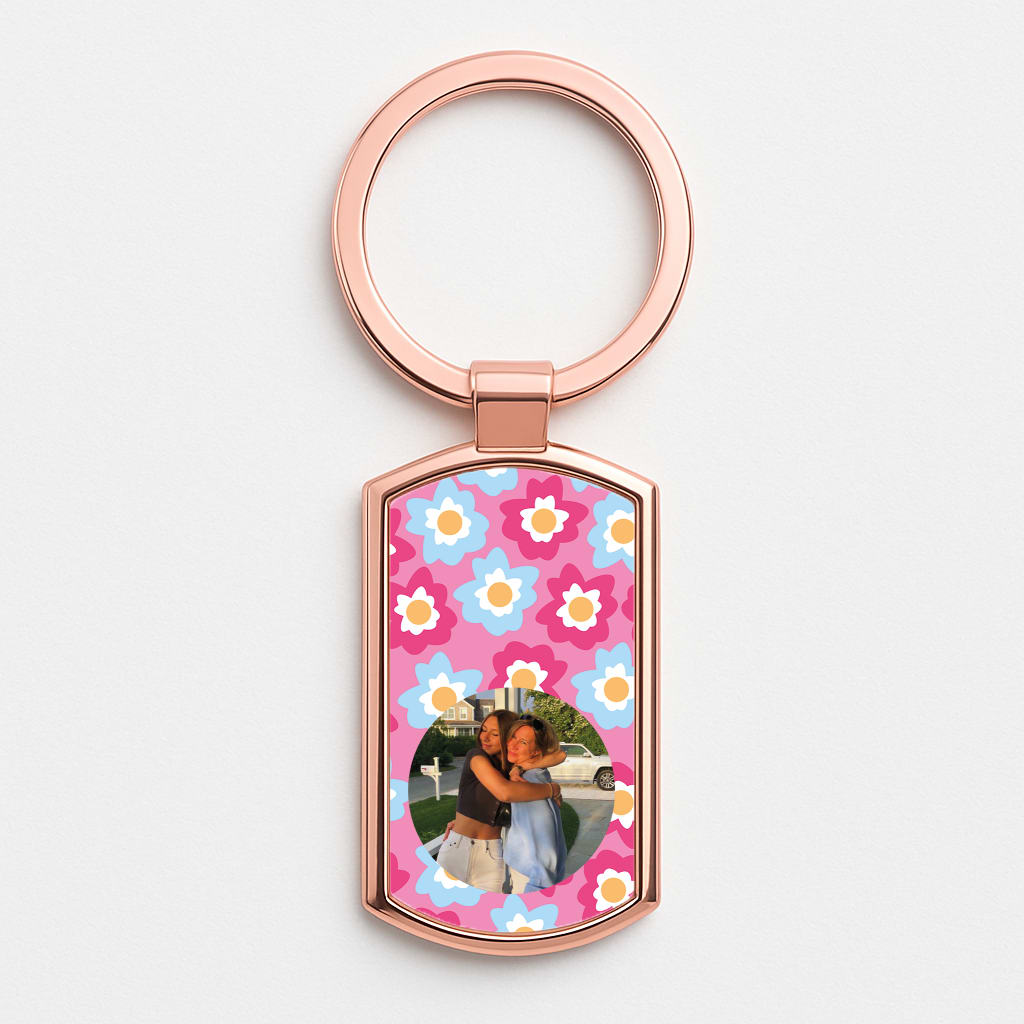 Pink And Blue Flower Pattern - Personalised Mother's Day Rose Gold Keyring