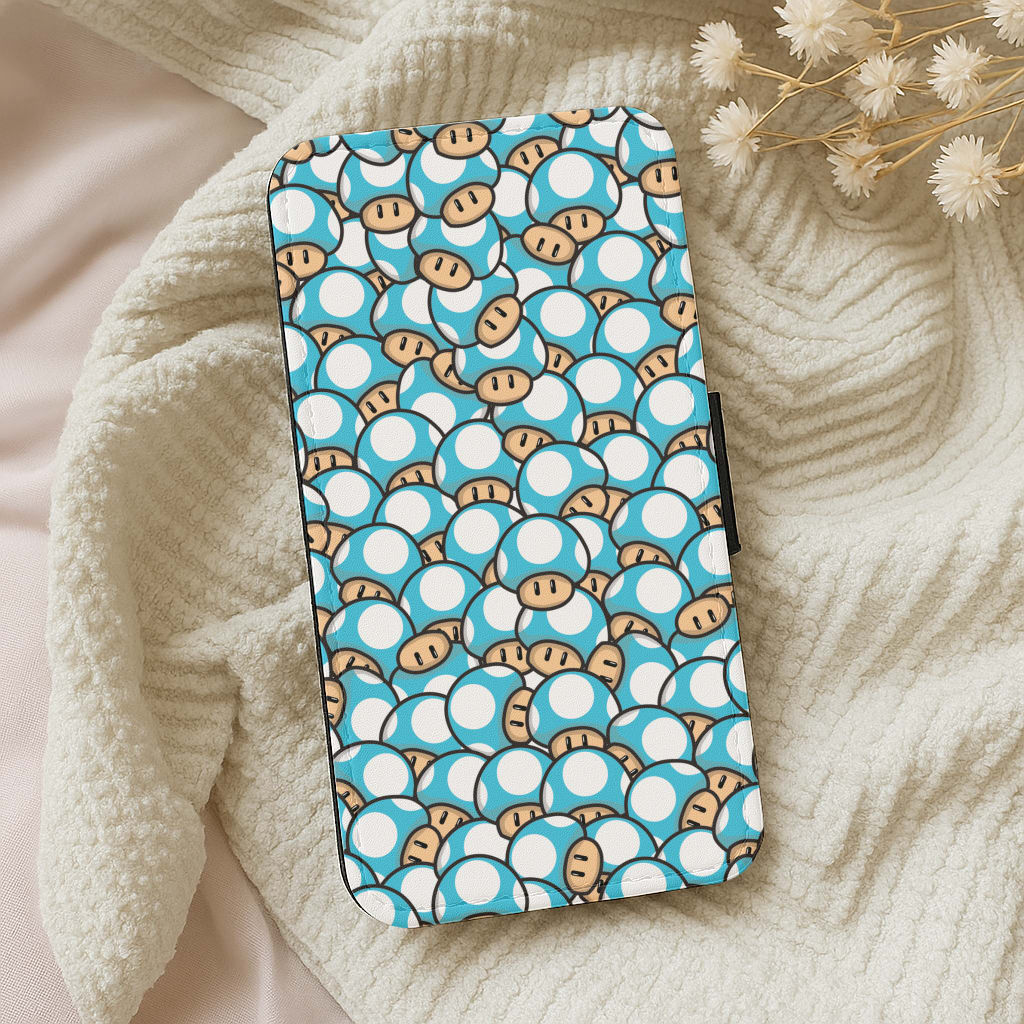 Mushroom Pattern - Light Blue Wallet Phone Case