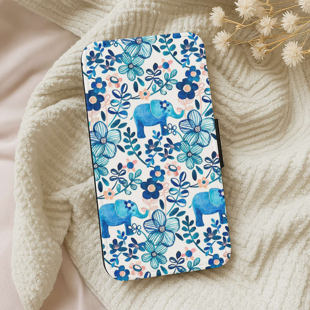 Elephant and Floral Pattern Flip Wallet Phone Case