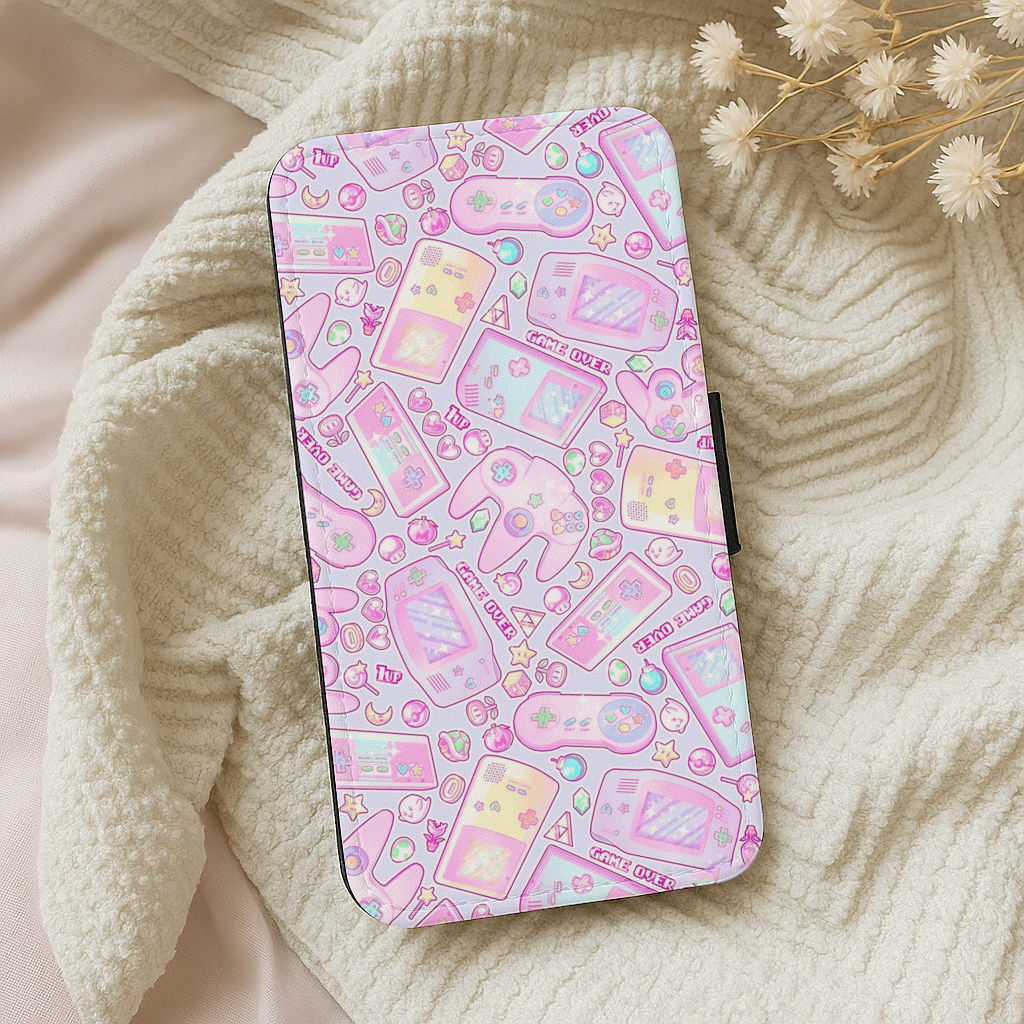 Power Up, Gaming Pattern Flip Wallet Phone Case
