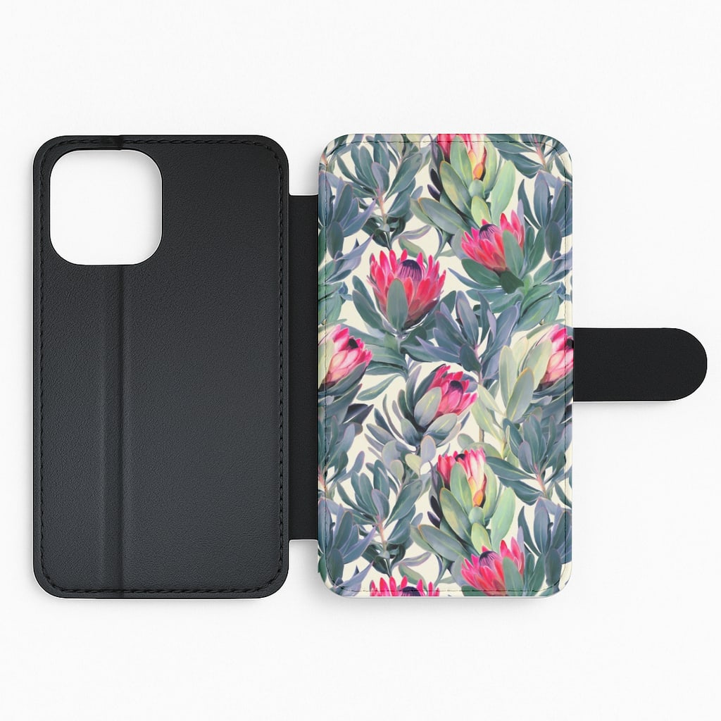 Painted Protea Pattern Flip Wallet Phone Case