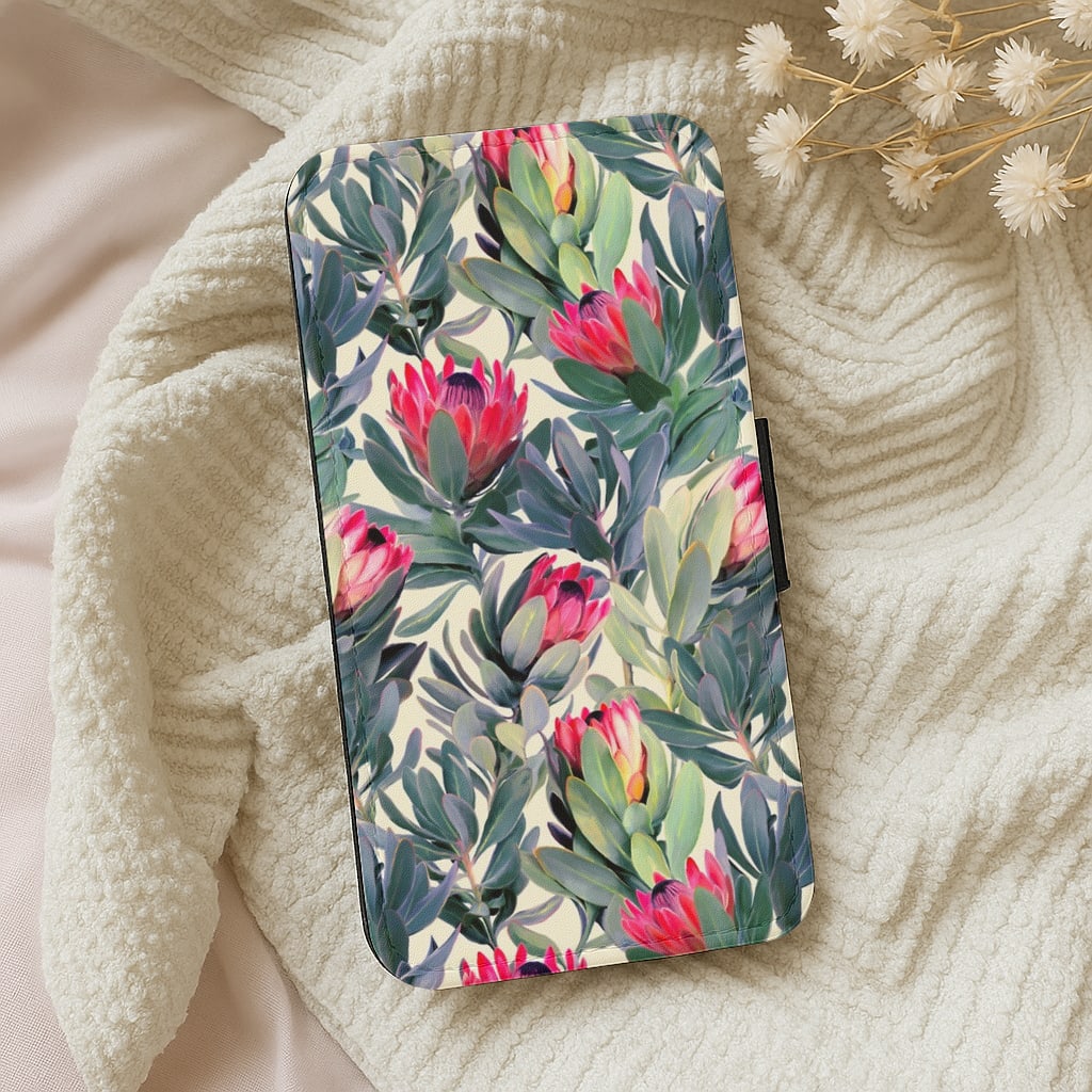 Painted Protea Pattern Flip Wallet Phone Case