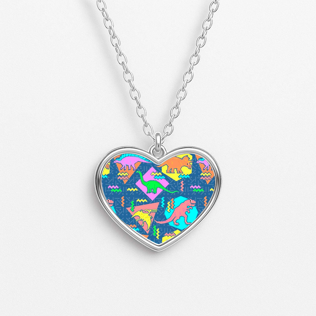 Nineties Dinosaurs Pattern Heart Necklace