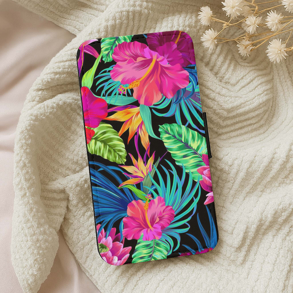 Colourful Hibiscus Pattern Flip Wallet Phone Case