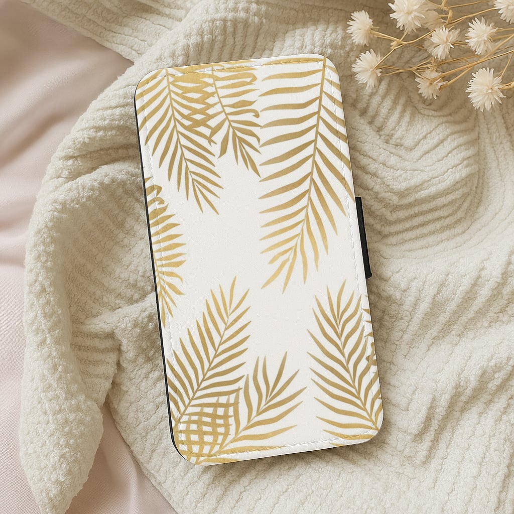 Gold Palm Leaf Pattern Flip Wallet Phone Case