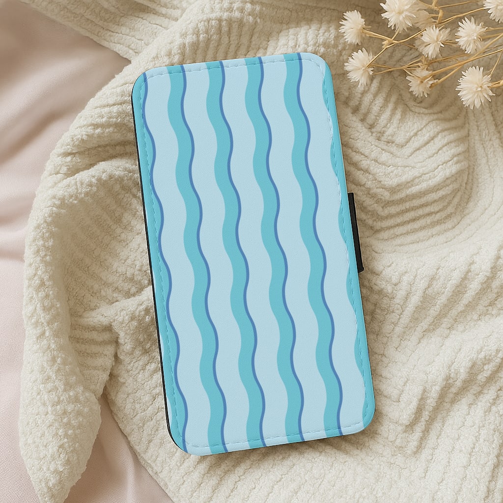 Blue Wavy Stripes Pattern Wallet Phone Case