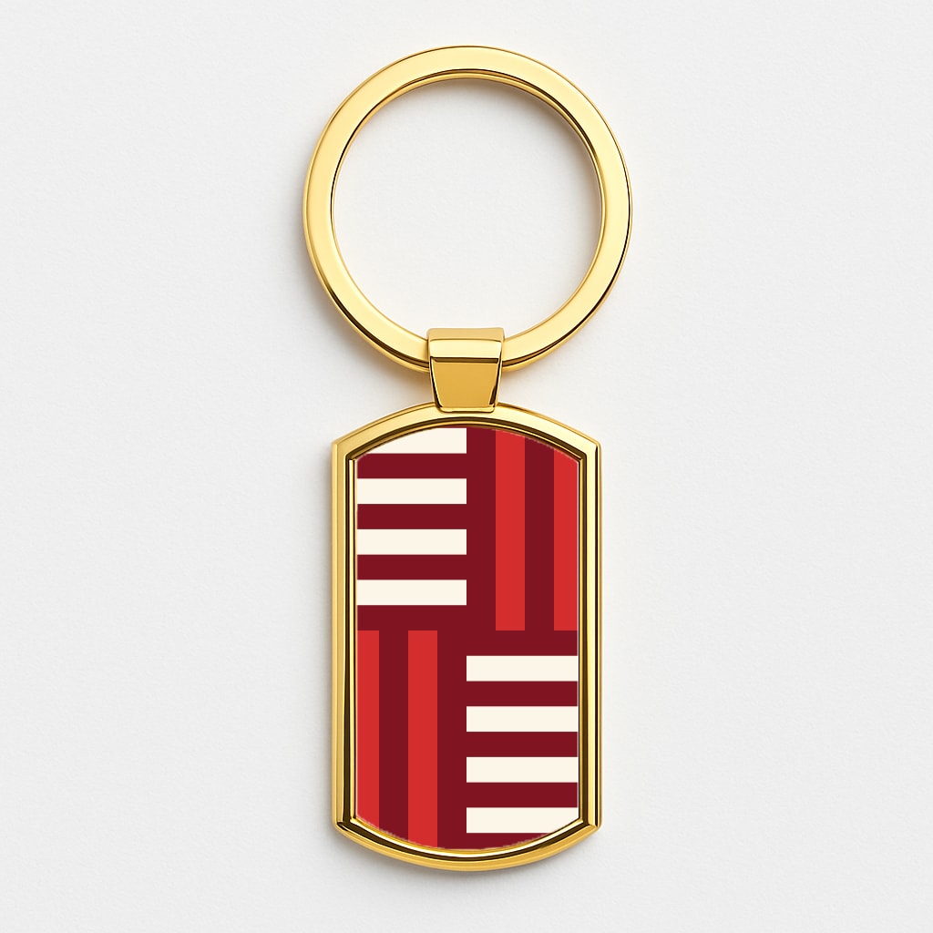 Red And White Geometric Stripes Gold Keyring