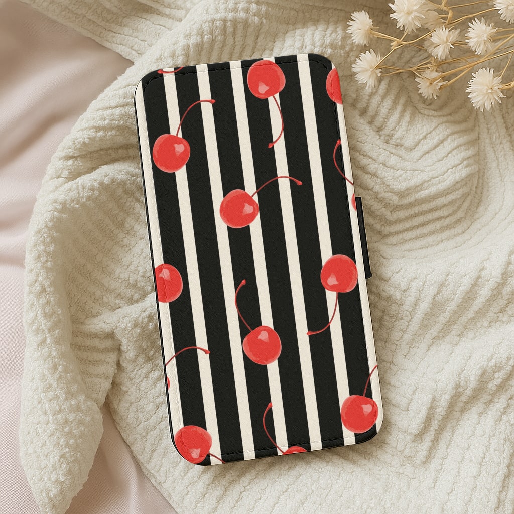 Black And White Stripes With Cherries Wallet Phone Case