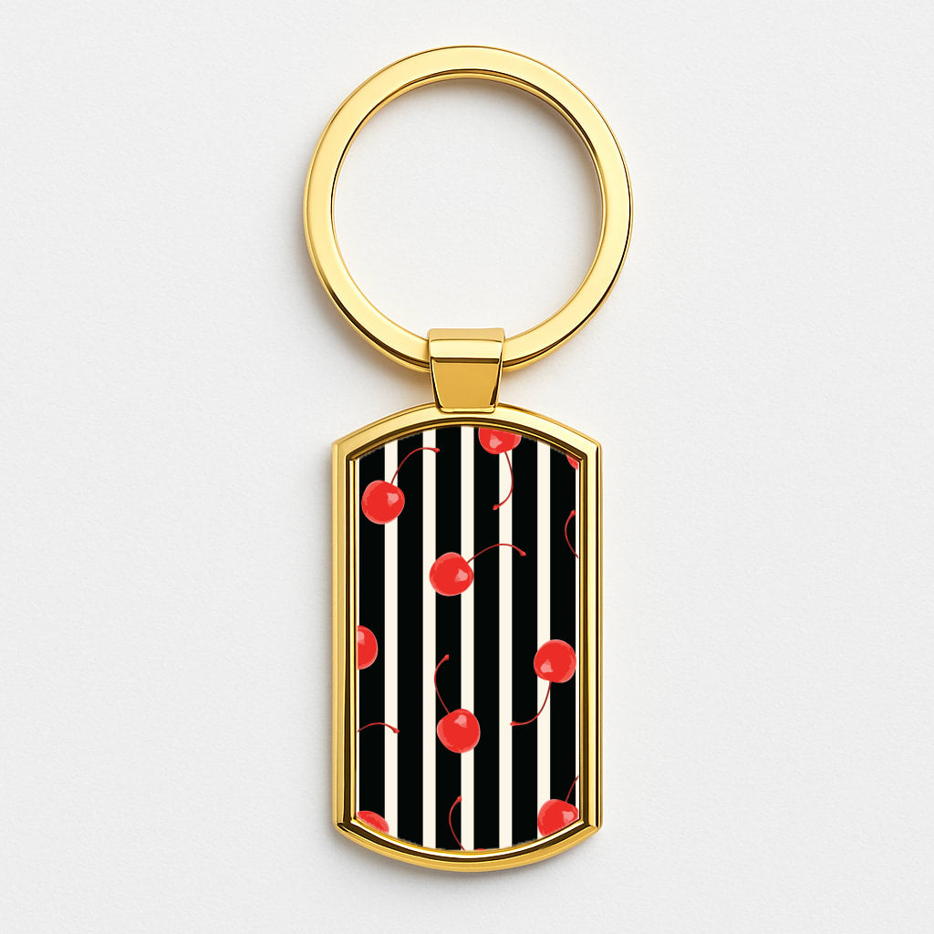 Black And White Stripes With Cherries Gold Keyring