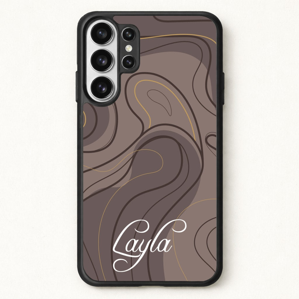 Brown Marble Waves Personalised Name Phone Case for Galaxy S26 Ultra