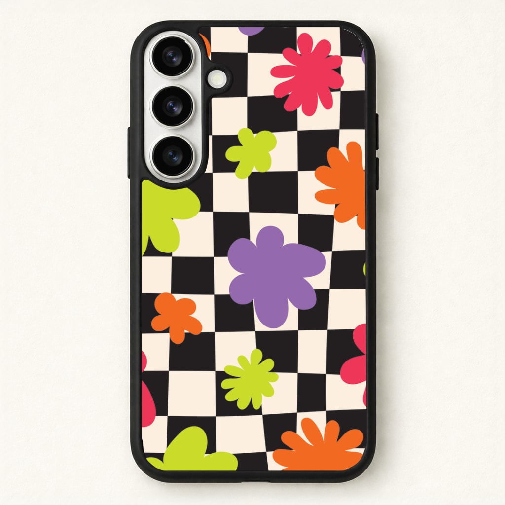 Abstract Flowers Checkered Pattern Phone Case for Galaxy S26 Plus