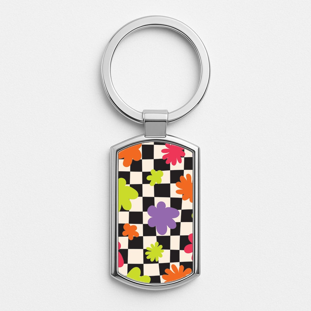 Abstract Flowers Checkered Pattern Silver Keyring