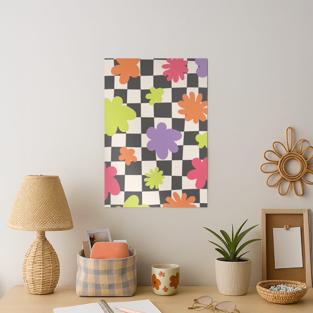 Abstract Flowers Checkered Pattern Art Print