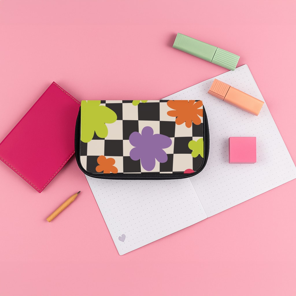 Abstract Flowers Checkered Pattern Pencil Case