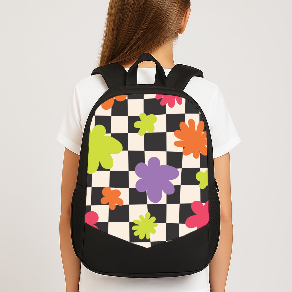 Abstract Flowers Checkered Pattern Large School Bag