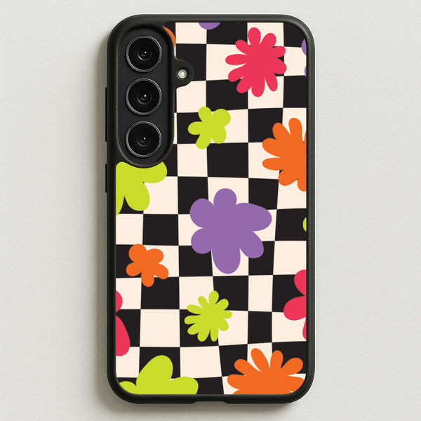 Abstract Flowers Checkered Pattern Phone Case for Galaxy S25FE