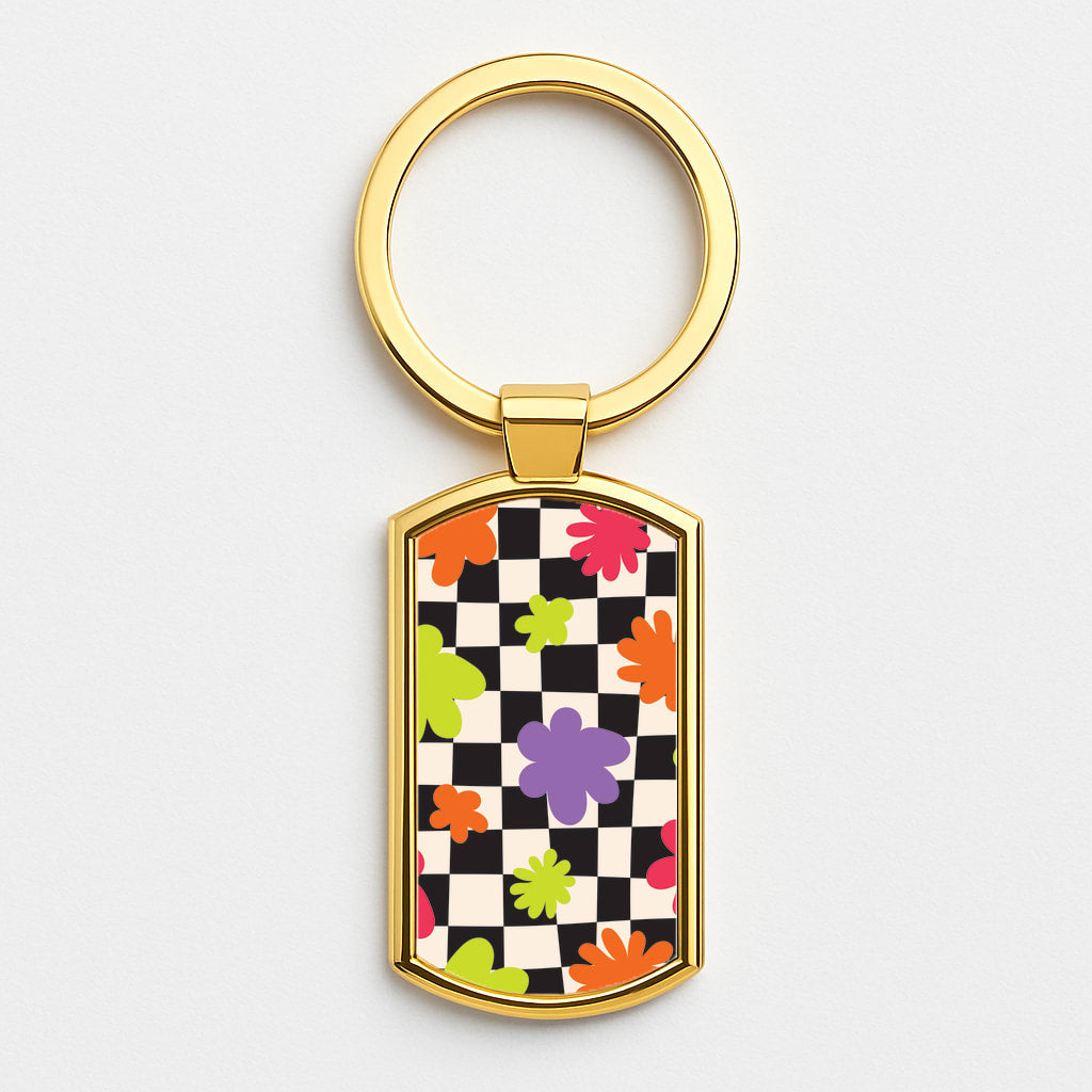 Abstract Flowers Checkered Pattern Gold Keyring