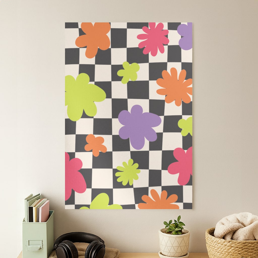 Abstract Flowers Checkered Pattern Poster