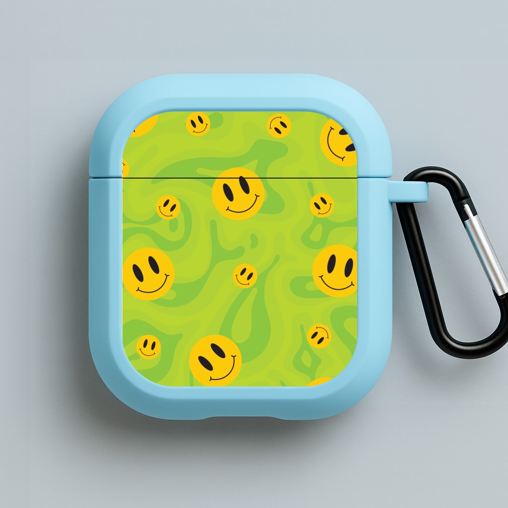 Green Wavey Smileys Pattern Blue AirPods Case