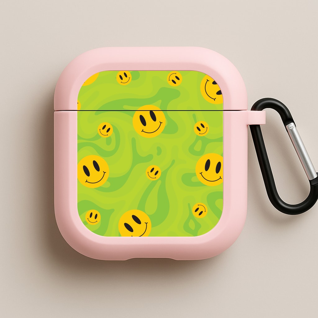 Green Wavey Smileys Pattern Pink AirPods Case