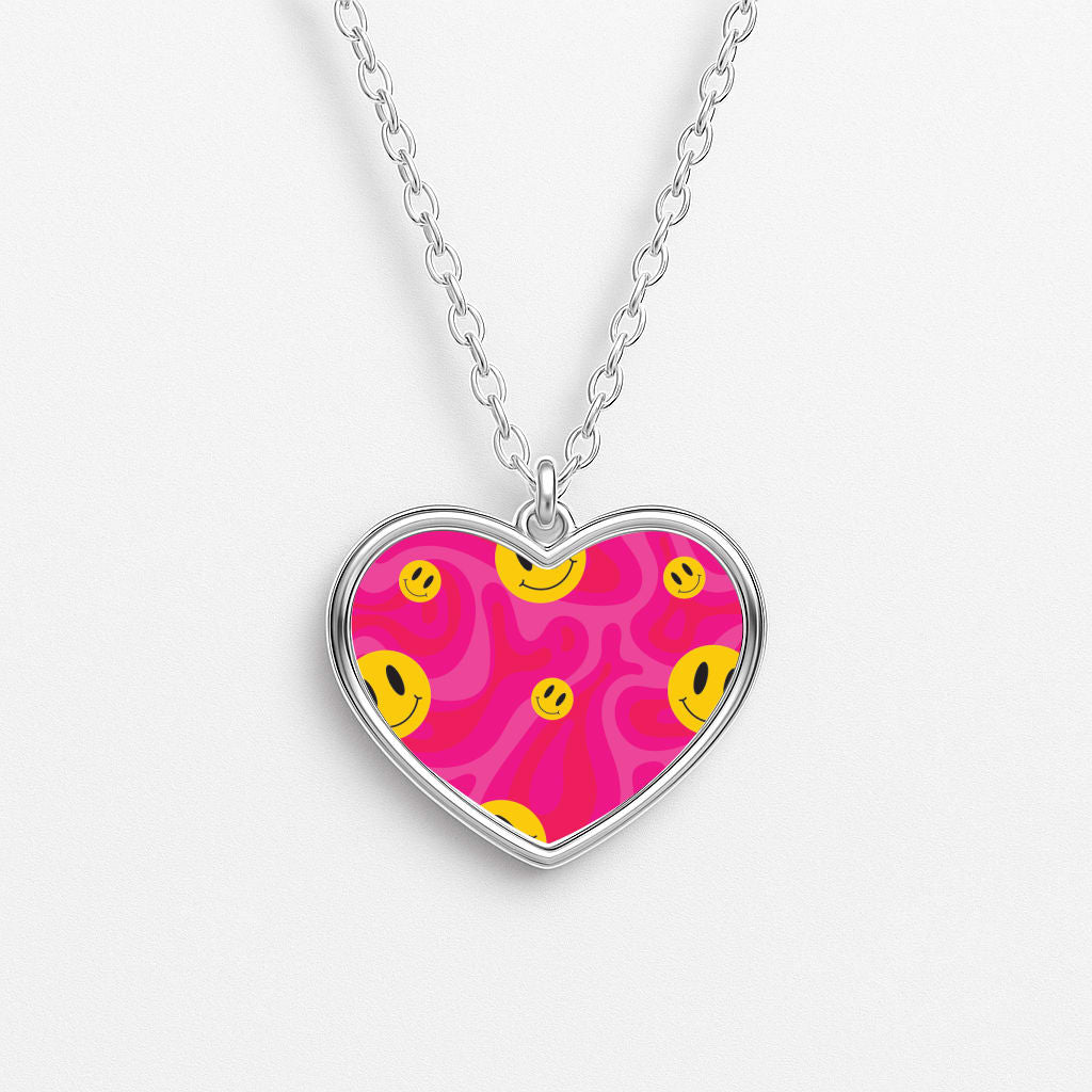 Pink Wavey Smileys Pattern Heart Necklace