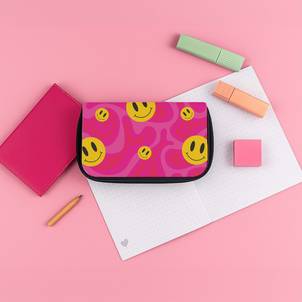 Pink Wavey Smileys Pattern Pencil Case